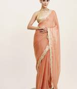 Embellished sequinned work peach color satin fabric rich ceremonial saree