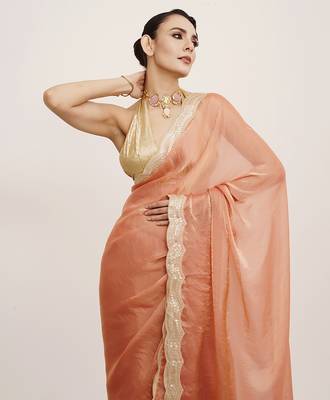 Embellished sequinned work peach satin rich ceremonial saree 3