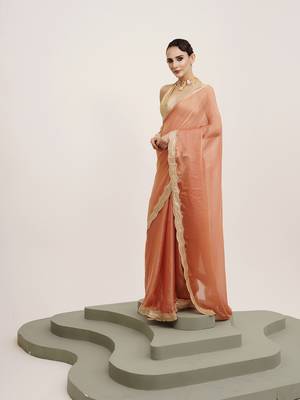 Embellished sequinned work peach satin rich ceremonial saree 4