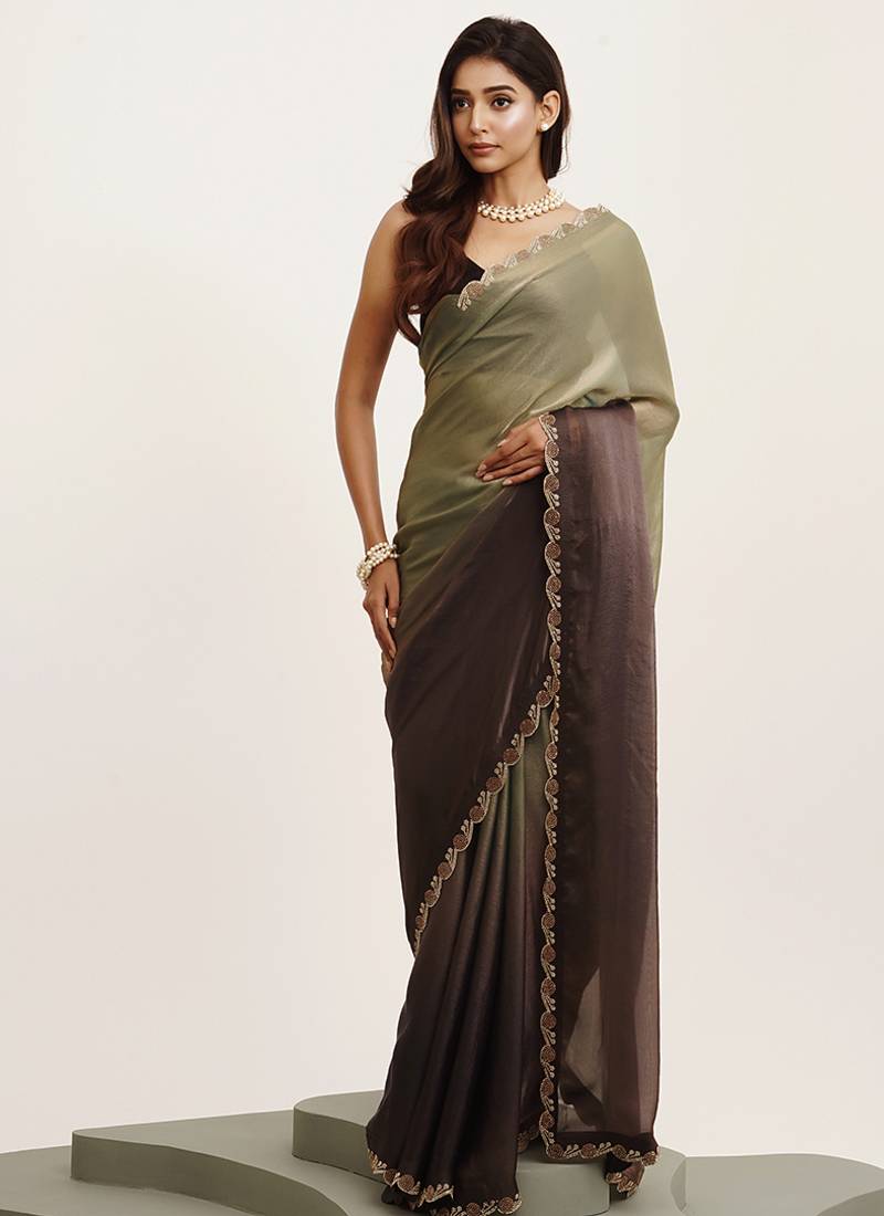 Embellished beads and stones work grey color satin fabric rich ceremonial saree