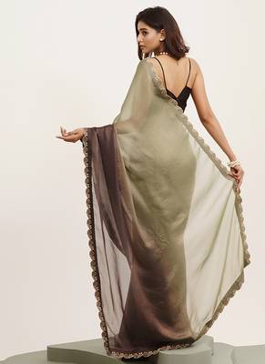 Embellished beads and stones work grey satin rich ceremonial saree 2