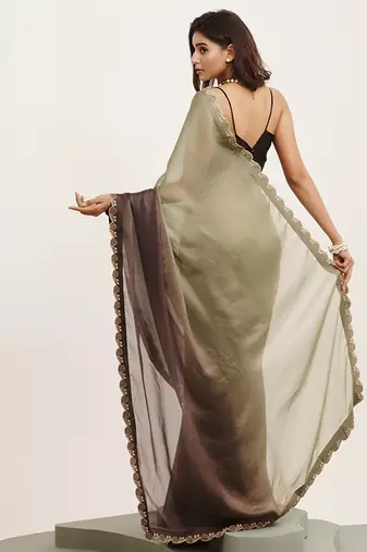 Embellished beads and stones work grey satin rich ceremonial saree