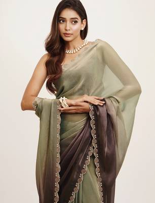 Embellished beads and stones work grey satin rich ceremonial saree 3