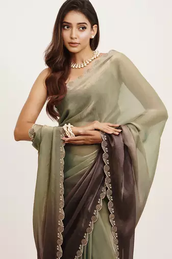 Embellished beads and stones work grey satin rich ceremonial saree