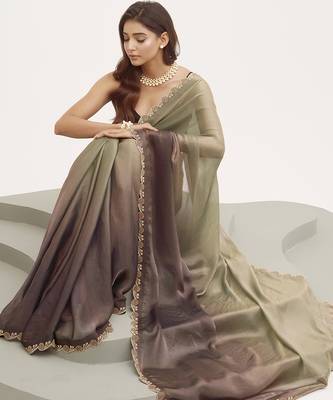 Embellished beads and stones work grey satin rich ceremonial saree 4