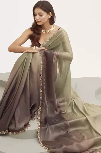 Embellished beads and stones work grey satin rich ceremonial saree