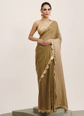 Embellished sequinned work metallic green tissue rich ceremonial saree 1