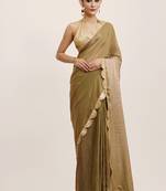 Embellished sequinned work metallic green color tissue fabric rich ceremonial saree