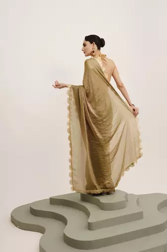 Embellished sequinned work metallic green tissue rich ceremonial saree