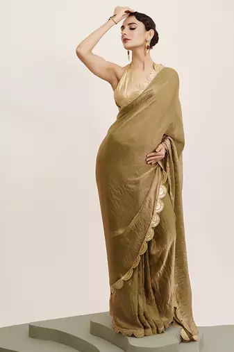 Embellished sequinned work metallic green tissue rich ceremonial saree