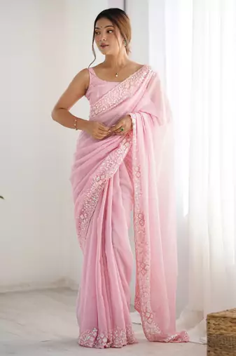 Pink color georgette fabric beautiful partywear embroidered saree