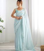 Sky blue color georgette fabric beautiful partywear embroidered saree