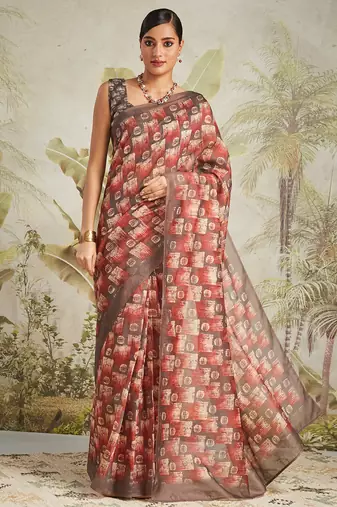 Brown color chanderi cotton fabric festive wear saree with smart digital print
