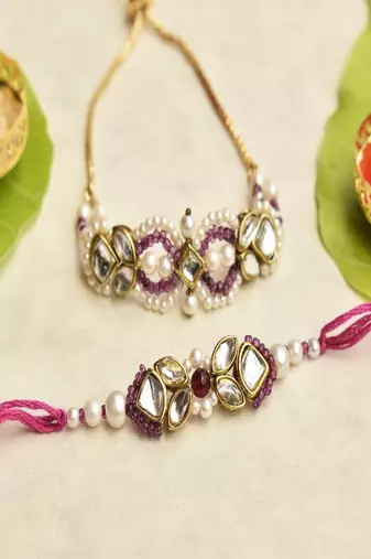 Kundan noor & infinity rakhi-lumba set with roli chawal capsules