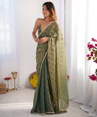 green woven chiffon saree with matching blouse 1