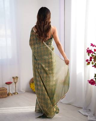 green woven chiffon saree with matching blouse 2