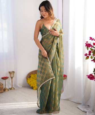 green woven chiffon saree with matching blouse 5