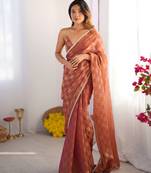 Rust color woven chiffon fabric ethnic bollywood party saree