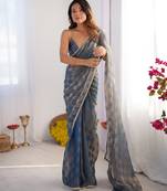 Blue color woven chiffon fabric ethnic bollywood party saree