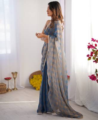 Blue color woven chiffon fabric ethnic bollywood party saree 4