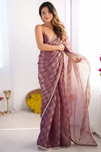 Purple color woven chiffon fabric ethnic bollywood party saree