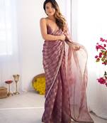 Purple color woven chiffon fabric ethnic bollywood party saree