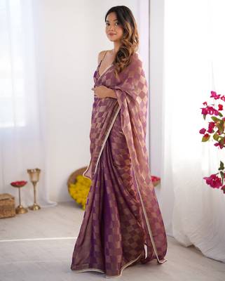 Purple woven chiffon ethnic party saree 4