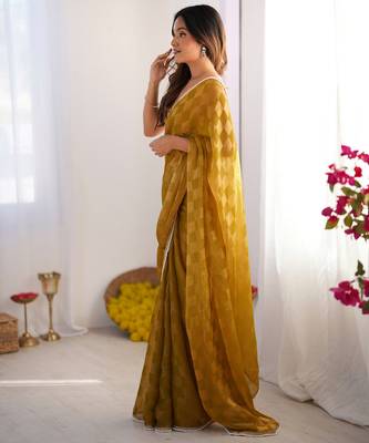 Mustard woven chiffon ethnic party saree 4