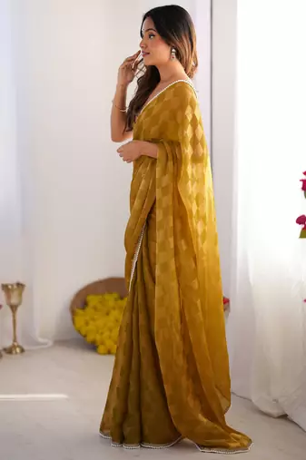 Mustard woven chiffon ethnic party saree