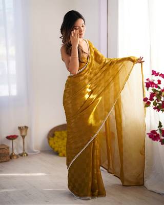 Mustard woven chiffon ethnic party saree 5