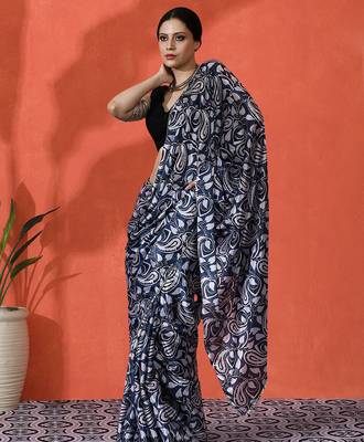 Blue chinon digital printed girlie partywear saree 1