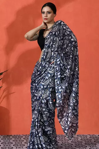 Blue color chinon fabric designer digital printed girlie partywear saree