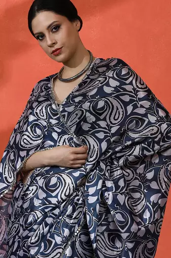 Blue chinon digital printed girlie partywear saree