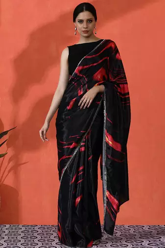 Black color chinon fabric designer digital printed girlie partywear saree