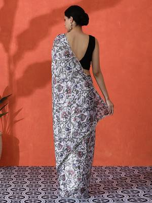 Off white chinon digital printed girlie partywear saree 2