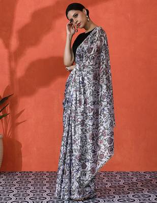 Off white chinon digital printed girlie partywear saree 4
