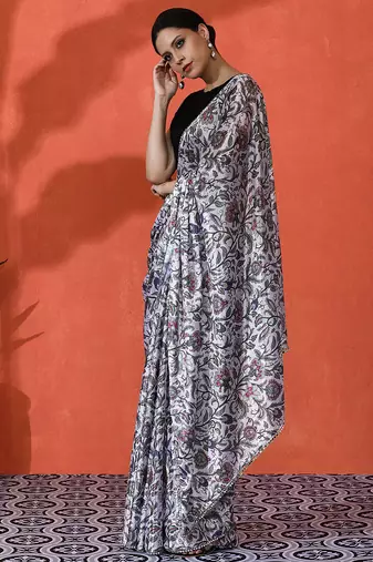 Off white chinon digital printed girlie partywear saree