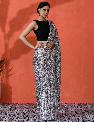 Off white chinon digital printed girlie partywear saree 5