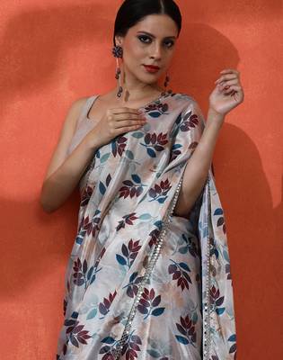 Off white chinon digital printed girlie partywear saree 3