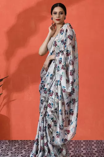 Off white chinon digital printed girlie partywear saree