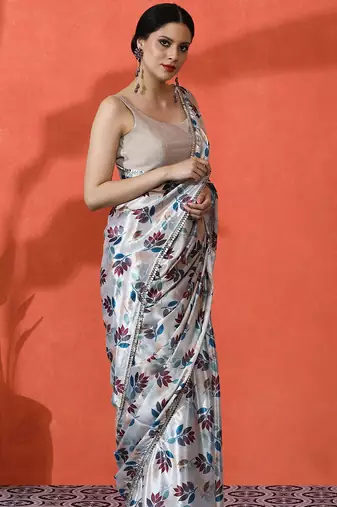 Off white chinon digital printed girlie partywear saree