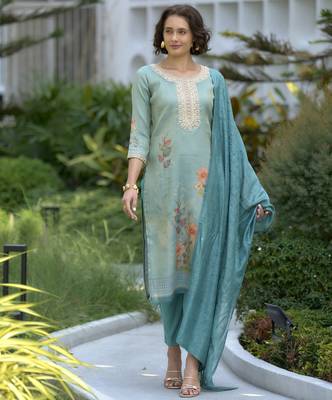 Women's Gorgeous Tissue Embroidered Straight Kurta with Pant And Dupatta Set 1
