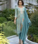 Women's Gorgeous Tissue Embroidered Straight Kurta with Pant And Dupatta Set
