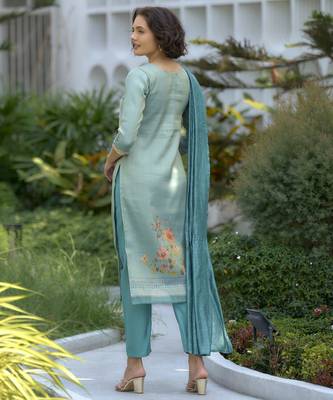 Women's Gorgeous Tissue Embroidered Straight Kurta with Pant And Dupatta Set 2