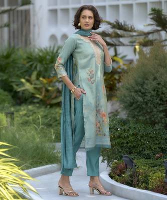 Women's Gorgeous Tissue Embroidered Straight Kurta with Pant And Dupatta Set 3