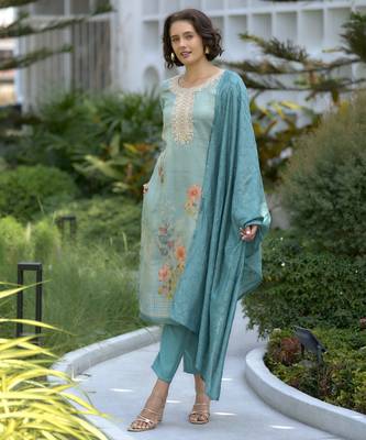 Women's Gorgeous Tissue Embroidered Straight Kurta with Pant And Dupatta Set 5