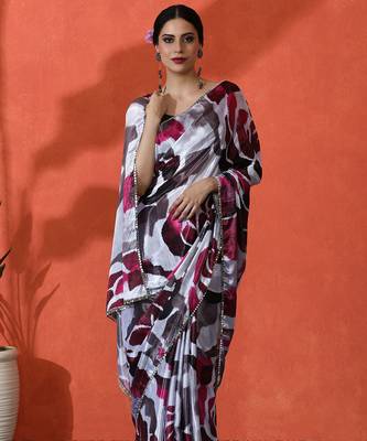 Off white chinon digital printed girlie partywear saree 1