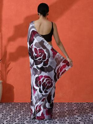 Off white chinon digital printed girlie partywear saree 2