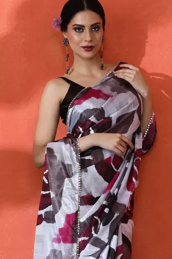 Off white chinon digital printed girlie partywear saree