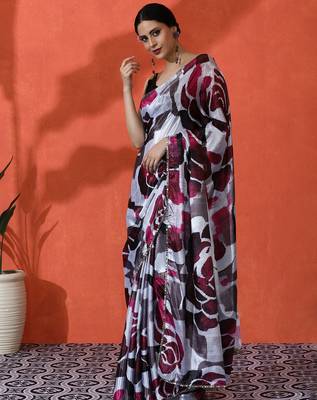 Off white chinon digital printed girlie partywear saree 4